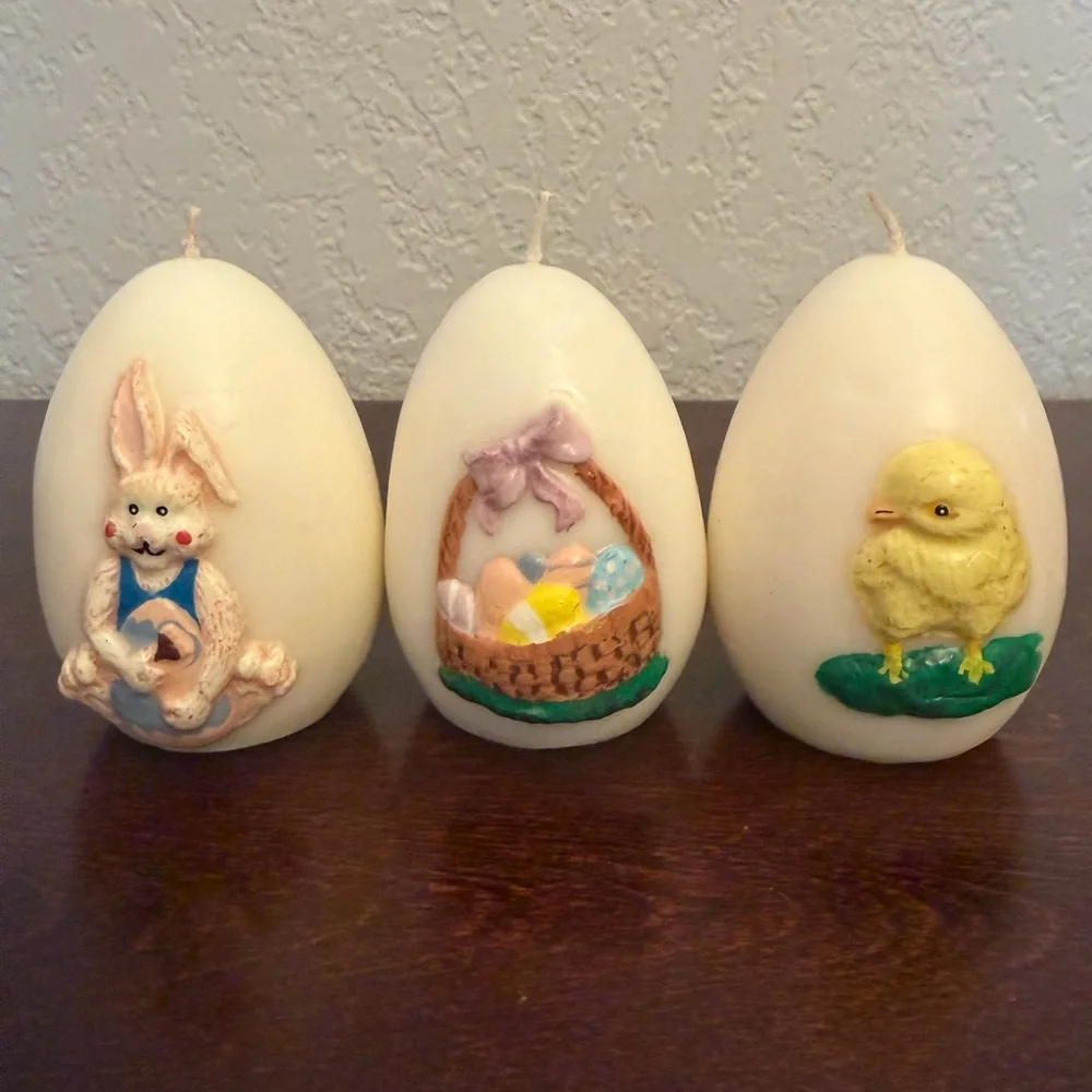 Vintage Egg Shaped Wax CandlesEaster Bunny Chick Design Unlit White Set Of 3